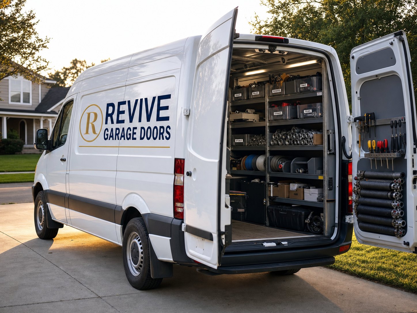 A Revive Garage Doors van with its rear doors open, showing organized parts shelves